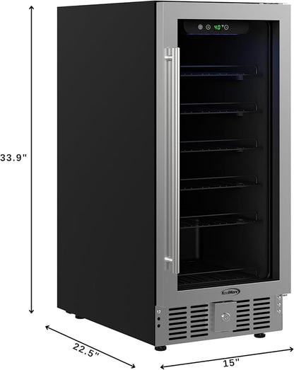 KoolMore 15” Inch Small Built-In Refrigerator and Beverage Cooler for Soda Cans, Beer Cans, Food and Fresh Snacks, 5 Wire Shelves, Adjustable Temperature Range (KM-BIR3C-GD), Stainless Steel