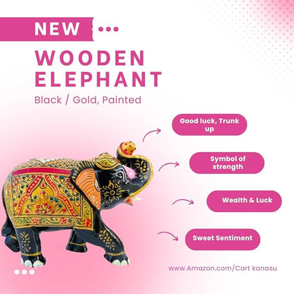 Handcrafted Wooden Elephant Figurine – Traditional Artwork, Gold & Gemstone Embellishments – Lucky Decorative Elephant Statue for Prosperity | Beautiful Elefantes Decorativos para Sala (Black & Gold)