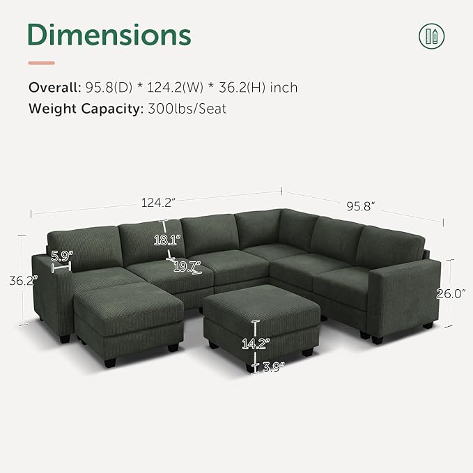 HONBAY Corduroy Sectional Couch with Storage U Shaped Sectional Sofa Modular Sectional Couches for Living Room, Green