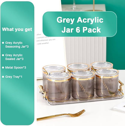 Acrylic Condiment Spice Jars,Condiment Spice Box With Lids and Spoons and Tray,Clear Plastic Condiment Canisters,Seasoning Box 6 Pack,Seasoning Box Set for Kitchen to Storage Salt,Paprika,Sugar