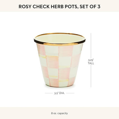 MACKENZIE-CHILDS Enamel Herb Pots, Small Plant Pots for Herbs or Flowers, Set of 3, Pink-and-White Rosy Check