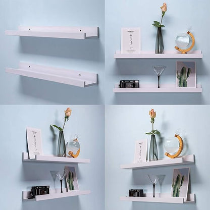 AZSKY White Floating Shelves Wall Mounted Set of 2, 24 Inch Picture Ledge Shelf for Storage Bedroom Bathroom Kitchen Living Room Office Modern Rustic Style Display Shelves (Solid Pine Wood)