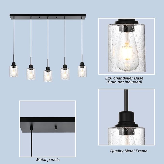 Black Chandelier 5 Light Dining Room Lighting Fixtures Hanging Linear Pendant Lights Industrial Modern Chandelier with Seeded Glass for Kitchen Island Living Room Bedroom Foyer Hall Entryway
