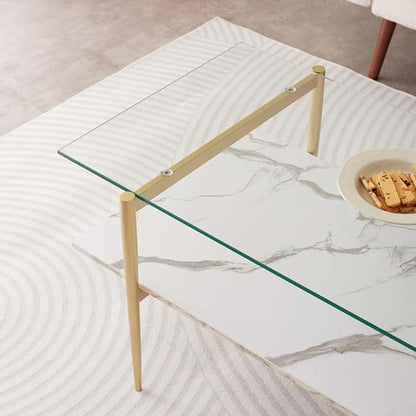 Rectangle Coffee Table for Living Room, Mid-Century Modern Design, L41 x W21 x H17, 2-Tier Structure, Clear Glass Top and White Marble Finish Wood Shelf, Conical Legs with Gold Finish