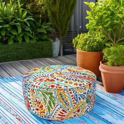 LVTXIII Indoor/Outdoor Inflatable Ottoman, All Weather Round Footrest Stool D21”x H9”, Portable for Patio Garden Camping or Home-Paisley Ummi Multi