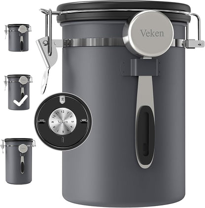 Veken Coffee Canister, Airtight Stainless Steel Kitchen Food Storage Container with Date Tracker and Scoop for Grounds Coffee, Beans, Tea, Flour, Cereal, Sugar, Cookies Jars, 22OZ Gray