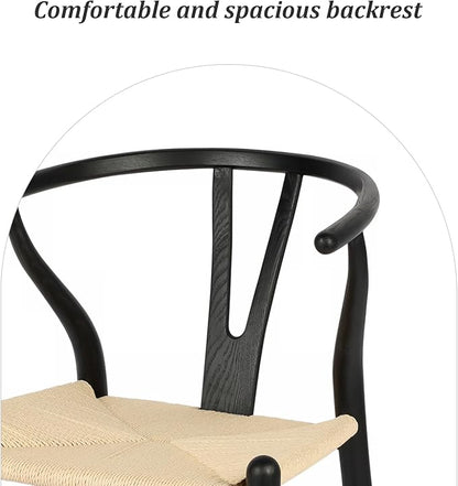Wishbone Chair Natural Solid Wood Dining Chair/Hans Wegner Y Chair Rattan and Wood Accent Armrest Chairs - Ash Wood Chairs Set of 4 (Ash Wood - Black + Natural Color)