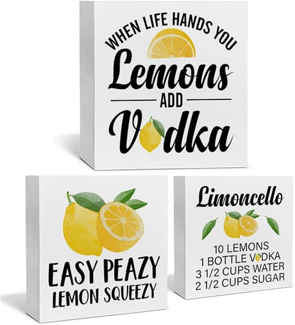 Summer Lemons Decor for Home Farmhouse Lemon Themed Tiered Tray Decor 3 Pcs Lemon Decorative Wood Box Signs Table Desk Shelf Kitchen Decoration