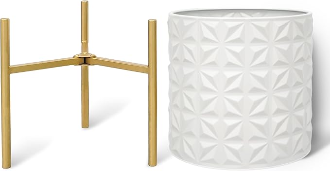 ARNIS Modern Planter Pots, Set of 2 Large Planters with Stand, Decorative Planters, Metal Pots with Drainage Holes for Living Room, Office, Garden or Balcony, 10.5 &12.25 Inch, Matte White
