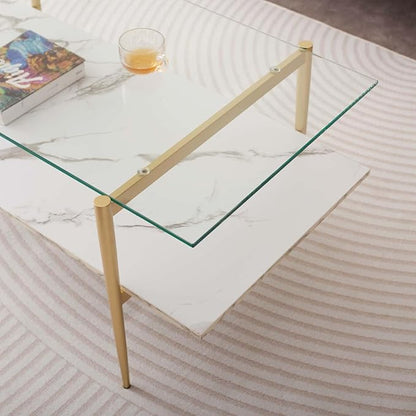 Rectangle Coffee Table for Living Room, Mid-Century Modern Design, L41 x W21 x H17, 2-Tier Structure, Clear Glass Top and White Marble Finish Wood Shelf, Conical Legs with Gold Finish