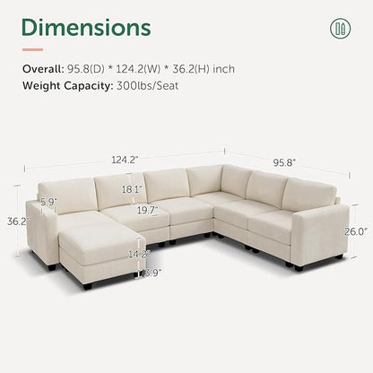 HONBAY Corduroy Sectional Sofa with Storage, U Shape Modular Sectional Sofa with Chaise, Modular Couches for Living Room, Beige