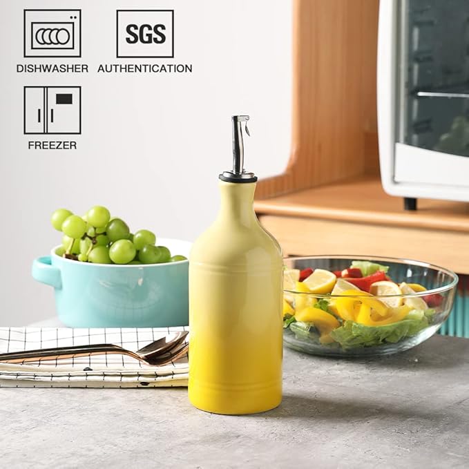 Sweejar Ceramic Olive Oil Dispenser Bottle, Opaque Oil Cruet Protects Oil to Reduce Oxidation, Suitable for Oil, Vinegar, Coffee Syrups & Other Liquids, Pack of 1, 15.5 Fl Oz (Gradient Yellow)