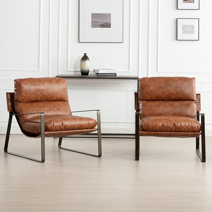 DUOMAY Mid-Century Accent Chairs Set of 2, Comfy PU Leather Leisure Chairs Lazy Chairs with Brozen Metal Leg for Living Room Bedroom Office Apartment, Brown