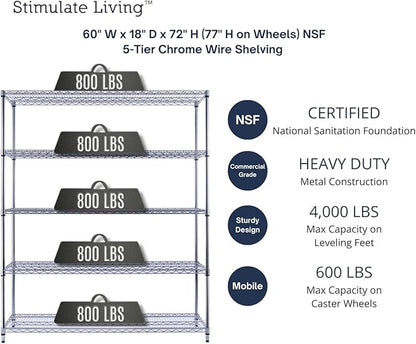 60"x18"x72" PRIME HEAVY DUTY Chrome 5-Tier Wire Shelving 4000 LBS MAX Capacity Storage Rack for Commercial, School, Home, Garage, Warehouse, Industrial, and Hospital Uses (with Wheels)