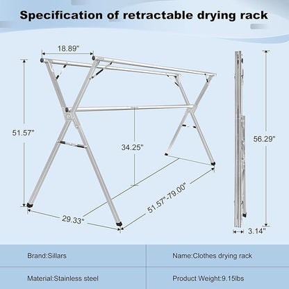 Sillars Clothes Drying Rack, 63 inches Laundry Drying Rack Clothing Foldable & Collapsible Stainless Steel Heavy Duty Clothing Drying Rack with Windproof Hooks for Indoor Outdoor