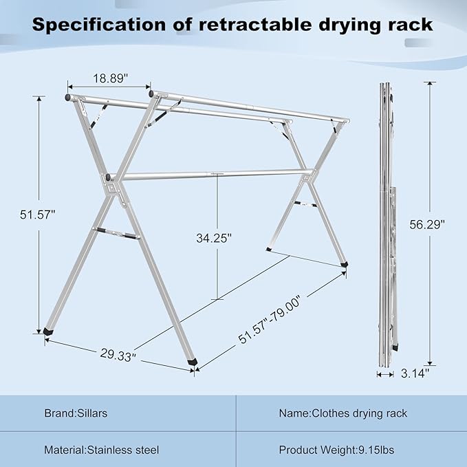 Sillars Clothes Drying Rack, 79 inches Laundry Drying Rack Clothing Foldable & Collapsible Stainless Steel Heavy Duty Clothing Drying Rack with Windproof Hooks for Indoor Outdoor
