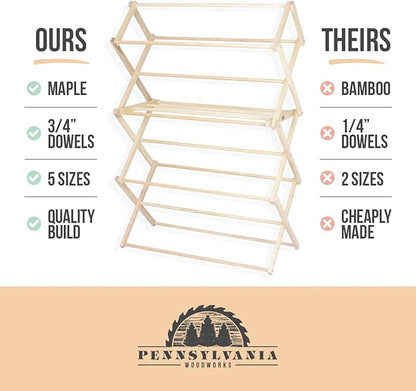 Pennsylvania Woodworks Clothes Drying Rack: Solid Maple Hardwood Laundry Rack for Bedding, Blankets, Towels & More, Heavy Duty, Folding Drying Rack Made in USA, No Assembly Needed, Extra Large