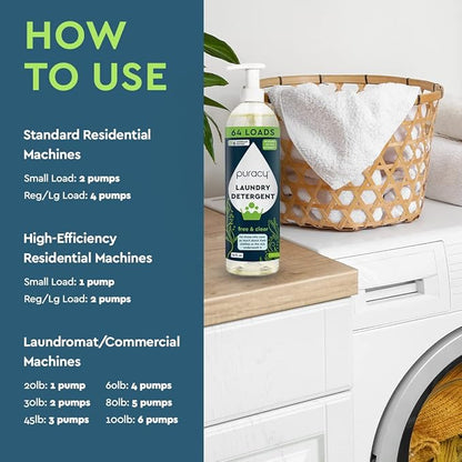 Puracy Laundry Detergent - Enzyme-Powered Liquid Laundry Detergent Concentrate, Natural Laundry Detergent Seen on TikTok, Non-Toxic (Free & Clear, 16 fl oz, 64 Loads)