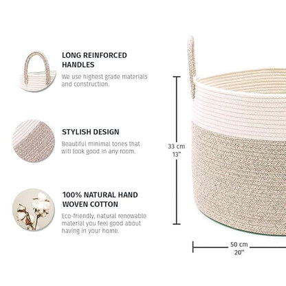 OrganiHaus Woven Laundry Basket, Large Cotton Rope Blanket Holder with Handles, Soft & Sturdy Nursery Hamper, Decorative Toy Bin for Living Room Organization 20x13 inches - Brown/Off-White