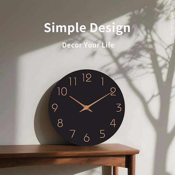 Mosewa Wall Clock Battery Operated 10 Inch Black Silent Non Ticking Simple Minimalist Style Rose Gold Numbers Decorative for Living Room Kitchen Home Office Bathroom