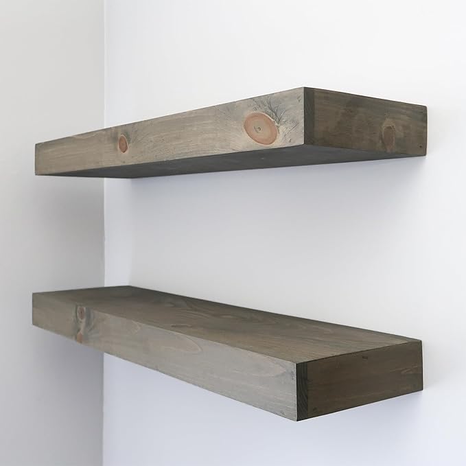 Modern Floating Shelves 3 Inches Thick for Wall, Wide Shelves for Kitchen, Living Room, Bedroom, and Bathroom, Natural Pine Wood, Rustic Wooden Shelf, (Set of 2) (Aged Barrel, 60Lx3Hx6D)