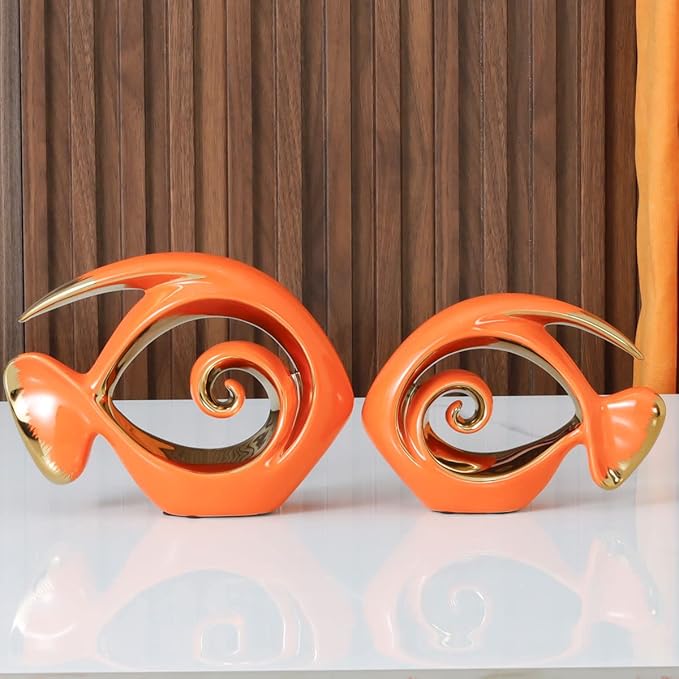 Orange Gold Ceramic Fish Figurines - Coastal Home Decor, Modern Ocean Centerpieces for Living Room, Dining Area, Bathroom, Office, Coffee Table, Beach House, Nautical, Seaside, Entrance, Shelf Display