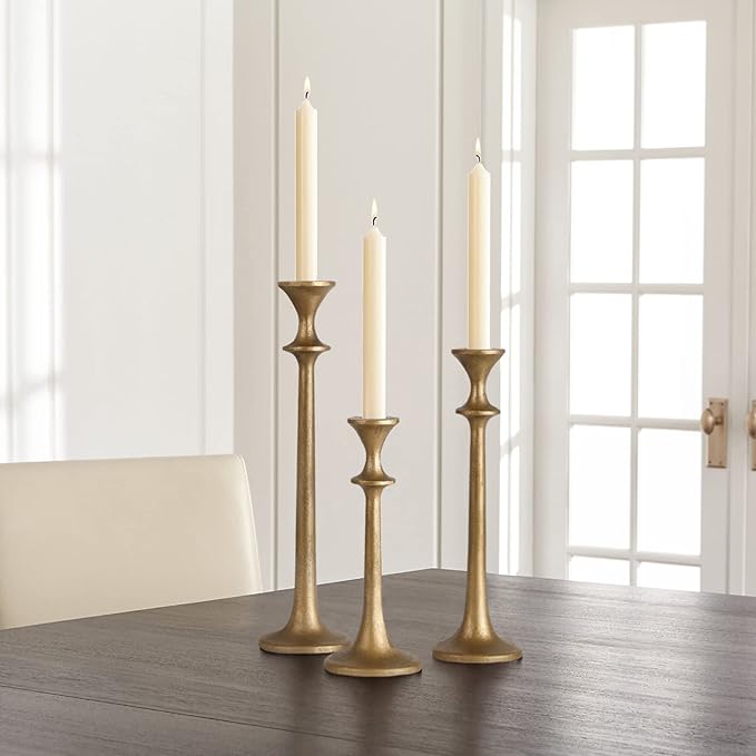 Iron Taper Candle Holder - Set of 3 Decorative Candle Stand - Candlestick Holder for Wedding, Dinning, Party - Antique Brass