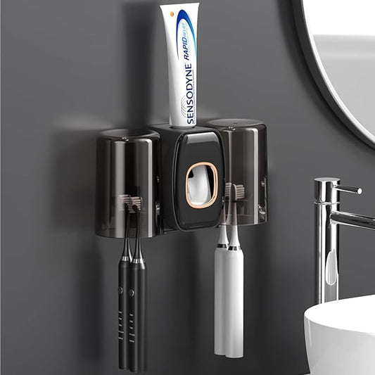 Toothbrush Holders for Bathrooms Toothbrush Holder Wall Mounted Toothpaste Dispenser for Kids Automatic Tooth Brushing Holder Bathroom Toothbrush Holder Set Shower Accessories Sets - Black