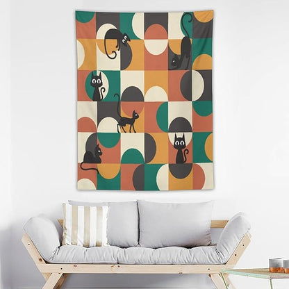 ICMOLYYENLO Boho Medieval Cat Tapestry, Abstract Atomic Starburst Geometric Aesthetic Art Wall Hanging For Bedroom Living Room Dormitory 60x80 Inches