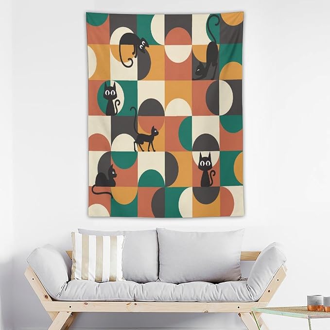 ICMOLYYENLO Boho Medieval Cat Tapestry, Abstract Atomic Starburst Geometric Aesthetic Art Wall Hanging For Bedroom Living Room Dormitory 50x60 Inches