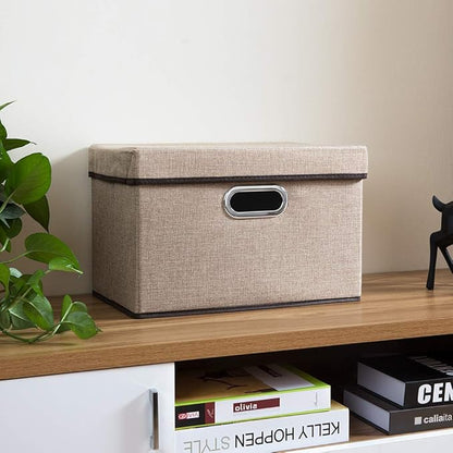 PRANDOM Collapsible Storage Containers with Lids [5-Pack] Jute Fabric Foldable Storage Bins Boxes Organizer Baskets Cube with Cover for Home Bedroom Closet Office Nursery (14.9x9.8x9.8)