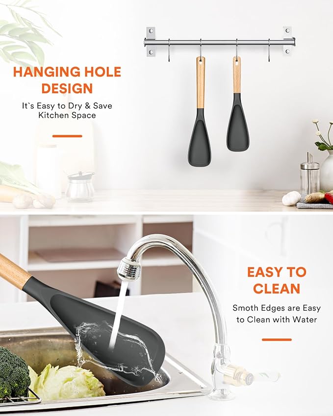 Multifunction Spatula Spoon for Nonstick Cookwares, Great for Cooking and Serving, Sturdy BPA-Free Matte Silicone, Wood Handle Spatula for Mixing, Scoop, and Scrape, Grey(2 pack,11.4" & 13.4")