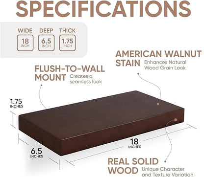 Homeforia Walnut 18 inch Floating Shelf, High End Solid Real Wood 18inch Floating Shelves for Wall Mounted, Dark Brown 18 inches Long Floating Shelves, Heavy Duty Bracket, 18 X 6.5 X 1.75 in, Set of 2