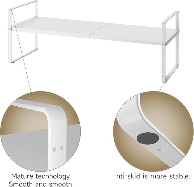 16.5~27.1" Expandable Shelf Organizer, 2Pack 8.1" Wide Stackable Cabinet Shelf Organizers, White Metal Sturdy Kitchen Counter Storage for Countertop, Adjustable Height Spice Rack