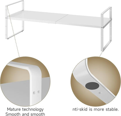 16.5~27.1" Expandable Shelf Organizer, 2Pack 10.2" Wide Stackable Cabinet Shelf Organizers, White Metal Sturdy Kitchen Counter Storage for Countertop, Adjustable Height Spice Rack