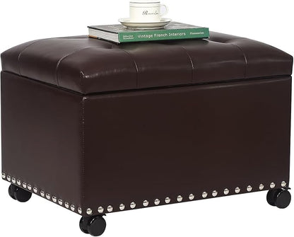 Joveco Leather Storage Ottoman with 360° Wheels 24" Rolling Foot Rest Bench Rectangle Ottomans Stool for Living Room Bedroom (Brown, Wheels)