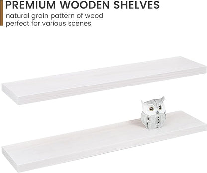 Floating Shelves 36 Inches Long - 8 Inch Deep Rustic Premium Solid Pine Wood for Storage - Farmhouse Wall Mounted for Living Room - Heavy-Duty Metal Bracket - 36" W x 8" D - Set of 2 - White Color