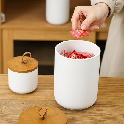 Ceramic Storage Jars, Modern Elegant Highly Polished Airtight Gorgeous Storage Canisters with Wooden Lid Small Food Stroage Jar for Kitchen Spice Tea Vanilla Sugar Coffee Beans (White medium)
