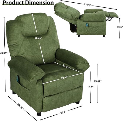 KCREAM Green Massage Recliner Chair, Small Recliners for Small Spaces, Overstuffed Recliners Living Room Chairs for Adults Fabric Manual Recliner Chairs with Heating Single Sofa Chair