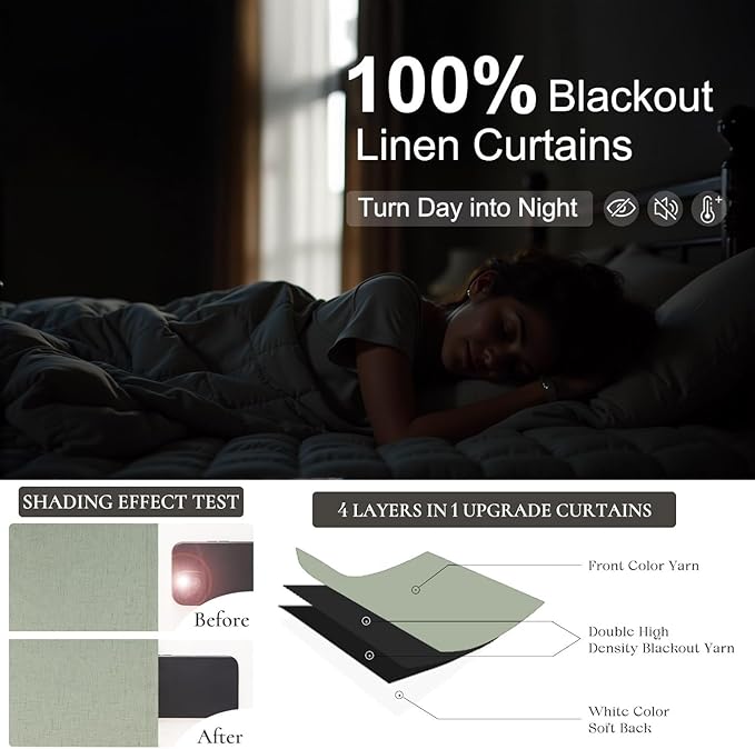Light Sage Green Linen Textured Blackout Curtains 102 Inch Length 2 Panel Back Tab Sound Draft Cold Sun Blocking Winter Curtains Noise Reducing Retro Moody Drapes Living Room Divider Bedroom 102 Long