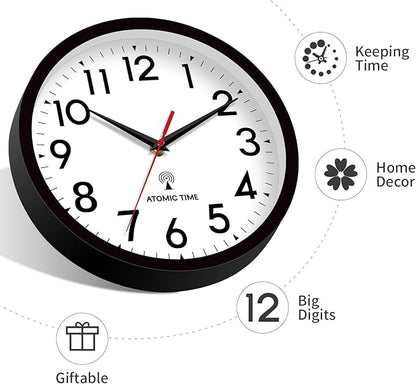 Atomic Wall Clock Analog 10 Inch Battery Operated Modern Decorative for Living Room Kitchen Office Bedroom Bathroom(Black)