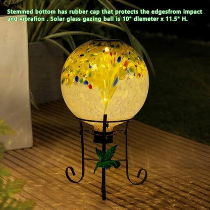 10" Diameter Solar Gazing Ball and 8.5" Metal Stand Indoor Outdoor Yard Art Ornament Coloful Spot Glass Globe Sphere Solar Gazing Balls for Garden,Lawn,Porch,Patio Birthday Gifts for Women,Mom