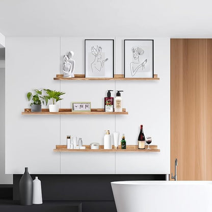 AZSKY Picture Ledge Shelf Wall Ledge Floating Shelves for Photo Frames Kids Book Shelves Wall Mounted Burnt Wall Display Shelf Wooden Frame Ledge 48 Inches Set of 3 Bathroom Organizer Shelves
