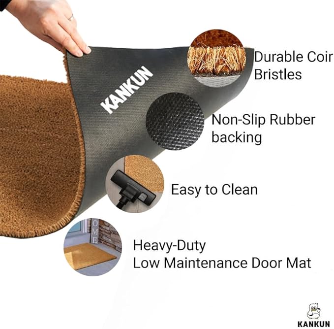KANKUN Coco Coir Door Mat with Heavy Duty Backing, Welcome Doormat (17" x 30"), Doormat Entrance (Welcome3)