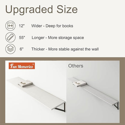 Fun Memories Deep Floating Shelves, 55W x 12D Floating Shelves for Wall, Wood White Floating Shelf with Bracket, Wide Display & Storage Wall Shelves for Living Room, Bedroom,
