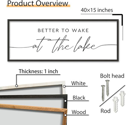 SRSZHIYUE Better To Wake At The Lake Wall Decor Above Bed Sign 40"×15" for Lake House Bedroom Over Bed Large Wood Framed Wall Hanging Art (Black)