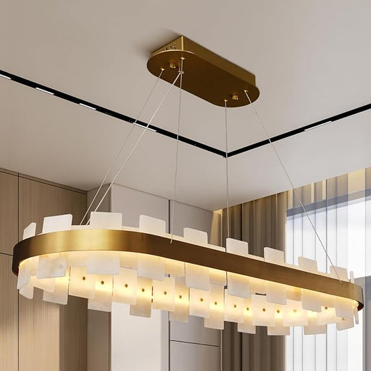 37.4" Natural Spanish Alabaster Rectangle Chandelier, Adjustable Luxury Ceiling Light for Dining Room Over Table, Kitchen Island, Modern Marble Chandeliers for Bedroom, Foyer, Entryway