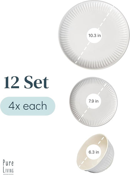 Stoneware Dinnerware Set for 4 People HYGGE 12-Piece - Elegant Scandi Design - Premium Dish Set - Bowl and Plate Set - Tableware for 4 People in a Ribbed Design - Pure Living in White