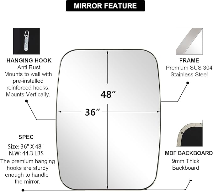 ANDY STAR Brushed Nickel Oblong Mirror, 36x48 Inch Brushed Nickel Oval Mirror for Bathroom with Stainless Steel Metal Frame, Wall Mouned for Bathroom, Living Room, Entryway