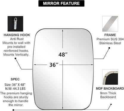 ANDY STAR Brushed Nickel Oblong Mirror, 36x48 Inch Brushed Nickel Oval Mirror for Bathroom with Stainless Steel Metal Frame, Wall Mouned for Bathroom, Living Room, Entryway